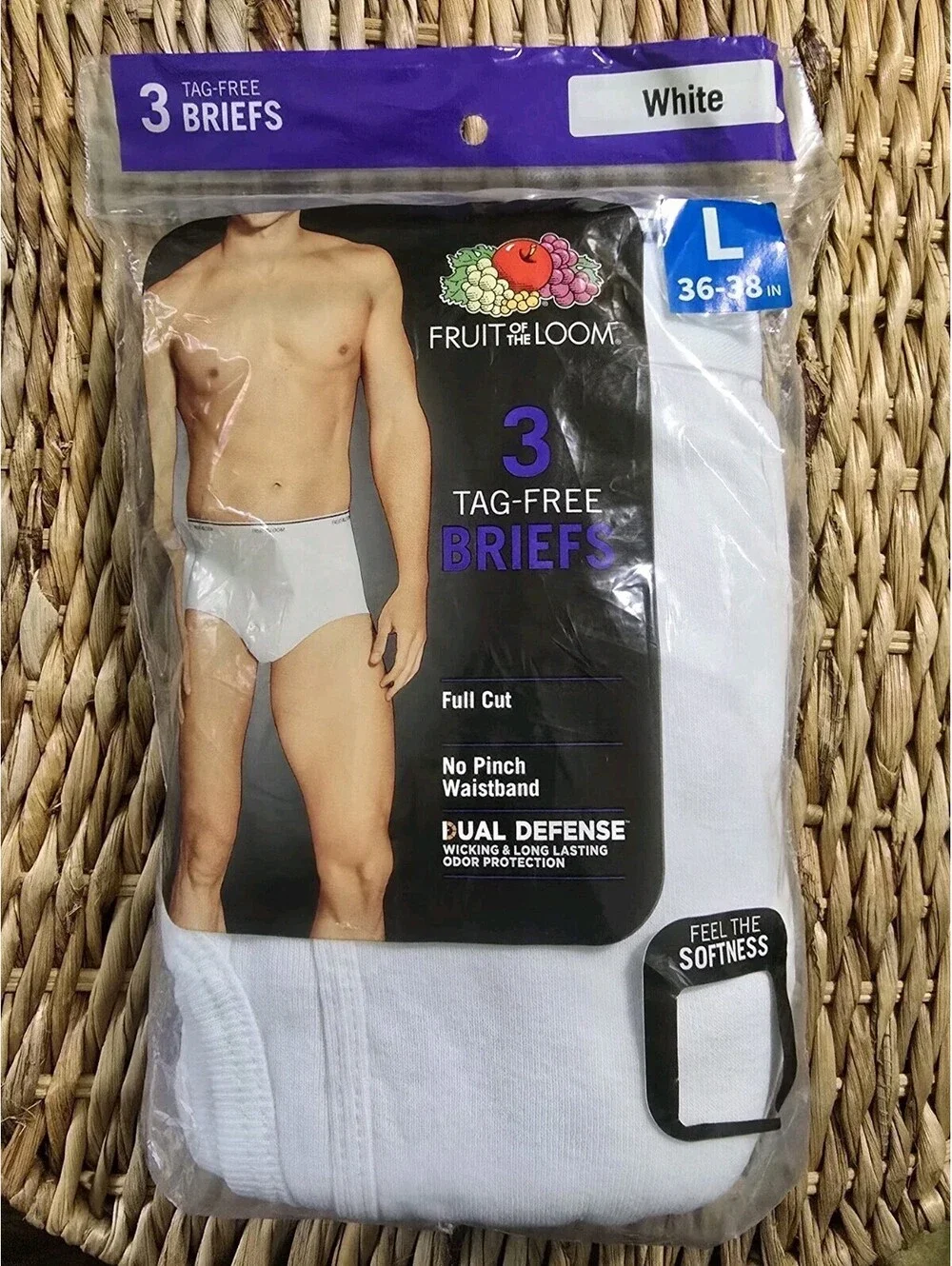 Fruit Of The Loom Briefs Men's L White Tag-Free Underwear 3 Pack Comfy Full Cut